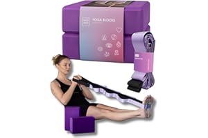 MOMO WAY Yoga Block Set De 2 Con Cinturon Correa Yoga 2.1m En Morado Bloques De Espuma Eva Para Principiantes y Avanzados Para Pilates Estiramientos Entrenamiento de Espalda