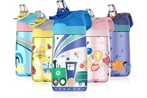 Fjbottle Kids Water Bottle with Straw, BPA Free Leak Proof 450ml Drinking Bottle, Eco Friendly Tritan Sports Water Bottle for Kids, One Click Flip Lid