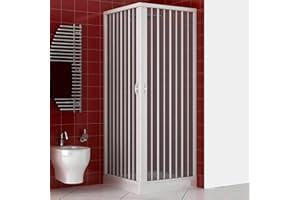 HDCASA Cabina de ducha de 80 x 80 x 185 cm, modelo Paola, de PVC, cabina con apertura angular, doble puerta, semitransparente, con fuelle, reducible y reversible, de color blanco