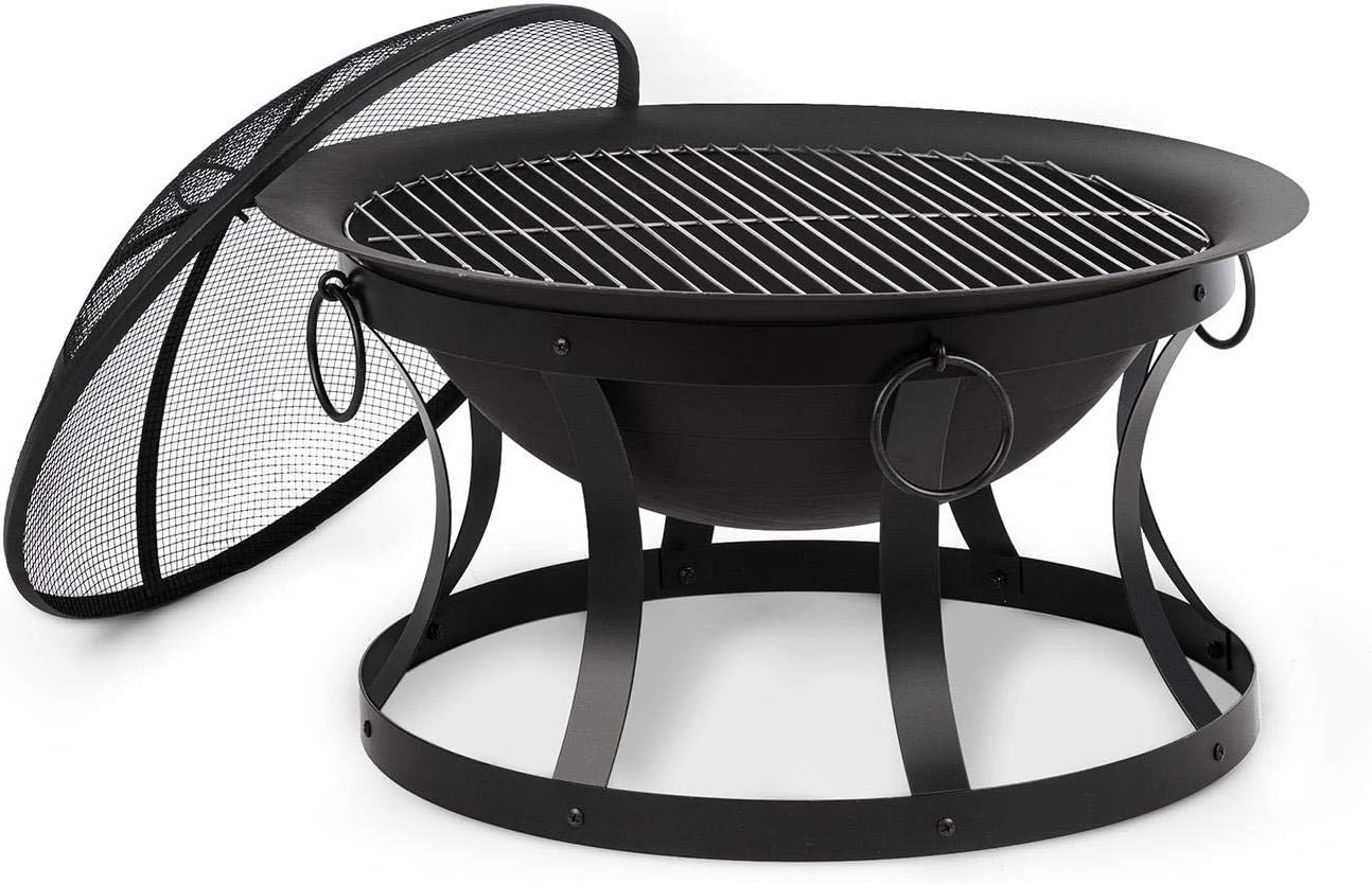 Blumfeldt Pentos - Brasero Exterior 2 en 1 y Barbacoa Jardin 73cm ø, Hoguera Exterior Protectora de chispas, Parrilla de 60cm extraíble, FireView, Hierro Fundido, Argollas, Atizador y Parrilla, Negro