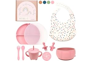 LAUTOKI ® | Vajilla Bebe de 11 Piezas | Vajilla Bebe Silicona sin BPA | Incluye: vaso aprendizaje, precucharas blw, babero silicona, plato ventosa, cuenco y tapa | Con caja regalo | Regalos para bebes