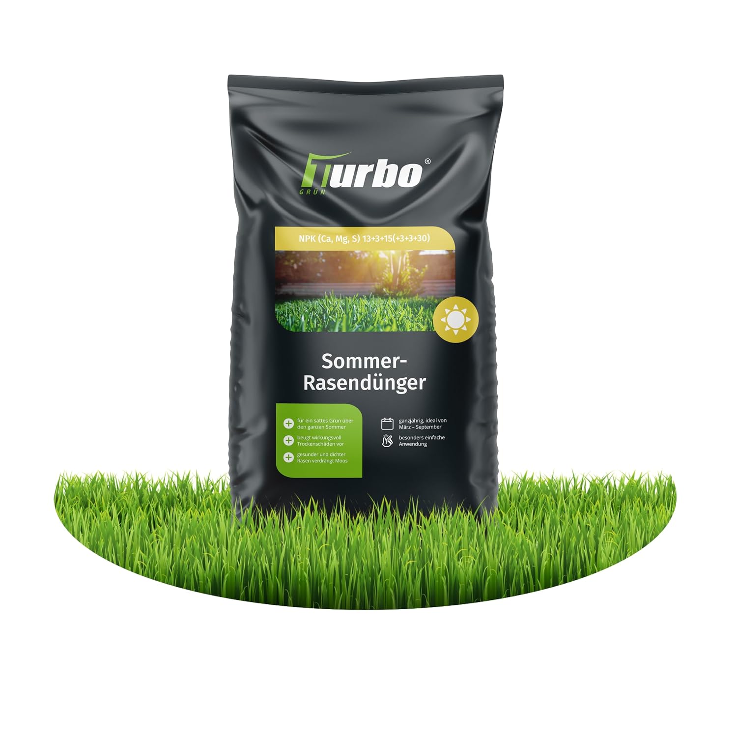 turbogrün® Rasendünger Sommer 20 kg für Rasenpflege bei Hitze | Staubarmes Granulat für gesunden Rasen im Sommer - verdrängt Moos und lässt sich gleichmäßig mit dem Streuwagen ausbringen