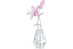 H&D HYALINE & DORA - Figura coleccionable de flores de lirio de cala de cristal con jarrón de cristal para decoración del hogar, boda, fiesta, flor rosa con tallo de metal plateado