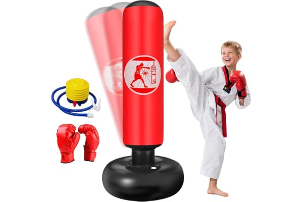 Sac de Boxe Enfant, Ninonly 160cm Sac de Frappe sur Pied Gonflable avec Pompe à Air et Gants de Boxe, Punching Ball Set Cadeau pour Garçons et Filles 3-12 Ans pour Karaté Kickboxing