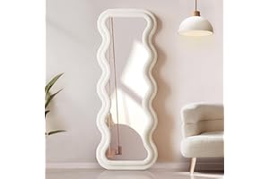 YOSHOOT Full Length Mirror 160x60 cm, Irregular Wavy Arched Floor Mirror, Flannel Wrapped Wooden Frame Hanging or Leaning Against Wall for Bedroom - Grace, White