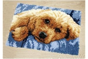 VIONNPPT Karikatur Hund Knüpfteppich Zum Selber Knüpfen DIY Stickkissen Teppich, Unfinished Häkelteppich Set mit Vordruck, Latch Hook Kits für Kinder Erwachsene (Teddy,50cmx38cm)