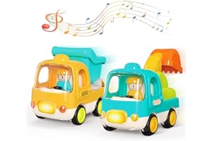 MOONTOY Véhicules de Construction Bébé 1 an, Jouet Push and Go avec Pelleteuse et Camion Benne, Lumières et Musique, Cadeau Garçon Fille 12 Mois à 2 Ans