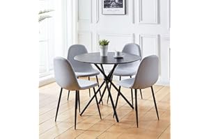 Hallowood Furniture Cullompton Small Dining Table and Chairs Set 4, Round Dining Table & Grey Fabric Chairs, Black Wooden Effect Top Table & Chairs, Dining Room Set for Home, Café