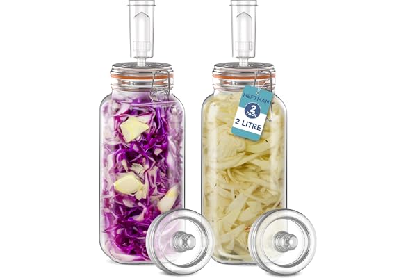 HEFTMAN Fermenteringsburk 2-pack med luftlås – 2 liter för säker jäsning för kefir, kimchi, surkål, surdeigsstartare – silikonlock och jäsningsvikter – jäsningsburkar 2-pack