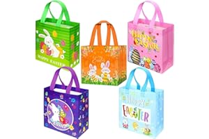 GYOUNGT Easter Gift Bags 5PCS, Easter Egg Hunt Bags for Kids Party, Reusable Gift Bags with Handles,Easter Bunny Egg Tote Bags Treat Bag for Candy Chocolate