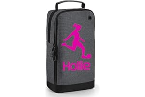beyondsome Personalised Girls Football Boot Bag Kids Sports Footy Rugby Pe Kit Gift, Dark Grey/Fuchsia Print