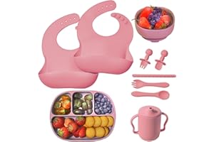 Baby Geschirrset - MumEZ 9 Stücke Silikon Baby Essen Set,Kindergeschirr Set Mit Saugnapf, Geschirrset Baby, Kinderteller Schüssel Lätzchen Tasse Löffel(Rosa)