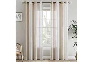 EMEMA Tende a righe trasparenti con occhielli Tende in voile Soggiorno moderno Set di 2 tende Camera da letto Trasparente con motivo Tenda a righe semitrasparente 140 x 260cm Bianco Beige