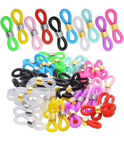 KSJEHW 100 Pcs Boucles Caoutchouc Attache Chaîne Lunettes – Réglables, Antidérapantes, 4 Couleurs – Pour Lunettes Lecture, Soleil, Collier