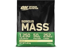 Optimum Nutrition Serious Mass Proteína en Polvo Alta en Calorías, Ganador de Masa Muscular con 25 Vitaminas y Minerales, Monohidrato de Creatina y Glutamina, Sabor Vainilla, 16 Dosis, 5.45 kg