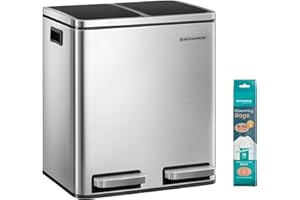 SONGMICS Mülleimer Küche, 2 x 15 Liter, Mülltrennsystem 2 Fächer, inklusive 15 Müllbeutel, Abfalleimer, Treteimer, recycelbare Abfälle, Biomüll, Softclose-Deckel, metallicsilber-tintenschwarz LTB30H