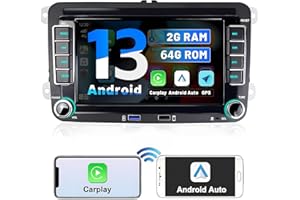 HIKITY 2+64GB Android 13 Autoradio Carplay pour VW Golf 5 6 GPS WiFi HiFi, 7 Pouces Poste Radio Voiture avec Écran Tactile Android Auto Bluetooth 2 Din, FM/RDS Caméra de Recul CANBUS