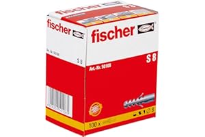 fischer Spreizdübel S 8, Dübel mit 2-fach-Spreizung zum Befestigen von Bildern, Briefkästen, Leuchten, uvm. in Beton, Vollziegel und Naturstein, 100 Stück