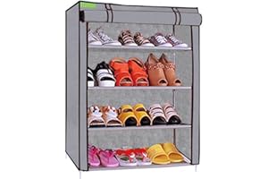 FLIPZON Multipurpose 4-Tiers Shoe Rack with Dustproof Zip Cover, Multiuse Wide Space Storage Rack made by Non Woven Fabric for footwear, Toys, clothes (4 Shelves) (Grey)