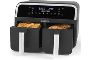 Salter EK4750 Dual Air Fryer - Double Drawer Fat Free Fryer, Non-Stick Cooking, 7.4 L Capacity, Sync & Match Cook Function, 2 Frying Trays, Sensor Touch Display with 6 Preset Functions, Oil Free Fryer