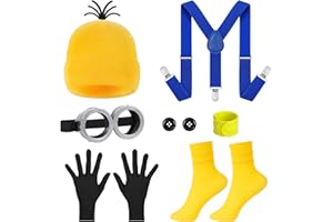 BSBUY Akcesoria kostiumowe żółte do Cosplay, akcesoria do kostiumów Halloween dla dorosłych dzieci, żółte okulary, czapka, czarne rękawiczki, niebieski klips, dwa guziki, żółte skarpetki