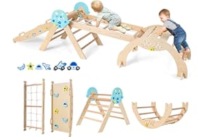 COSTWAY 8 in 1 Set da Arrampicata per Bambini, Giocattoli da Arrampicata in Legno con Triangolo Arco Rampa e Corda, Giochi Montessori per Bambini 1 Anni + (Astronauta 4 pezzi, Naturale)