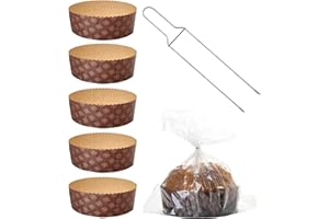 FAH FAMILY AT HOME FAH - Kit Stampo Panettone Basso (5pz x 750 g) + Spillone Panettone + 5 Sacchetti con Chiusure, Pirottini Panettone Professionale di Carta Ondulata di Pura Cellulosa, Resistente al Calore 220°C
