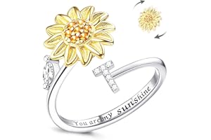 Kucheed Bague Fidget pour Femme, Tournesol Taille Réglable Spinner Anneau, Argent Empilable Soulagement du Stress Anxiété Lettre Doigt Cercle, Gravé You are My Sunshine à l'intérieur Bijoux(T)