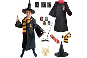 COGIO Costume magico Harry per bambini, con bacchetta magica, mantello, occhiali, cravatta, mantello, sciarpa, medaglia, Halloween, carnevale, 115-155 cm
