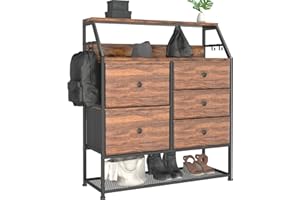 Dripex Kommode mit 5 Schubladen aus Stoff Griffen, Aufbewahrungskommode mit Holzplatte und Schuhregal in Industrie-Design, Metall Schrank für Schlafzimmer, Wohnzimmer, vintagebraun-schwarz