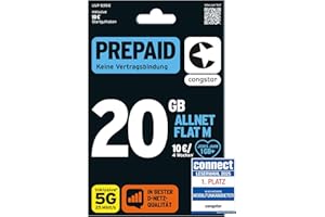 congstar Prepaid ALLNET M SIM-Karte ohne Vertrag I Prepaid-Paket in D-Netz-Qualität I 20 GB +10€ Startguthaben I Telefonie & SMS Flat in alle dt. Netze I EU-Roaming inkl.