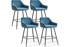 JYMTOM Lot 4 Tabourets de Bar Bleu-Vert, Chaises de Salon, Chaises de Bar, Siège en Velours avec Dossier, Accoudoir et Repose-Pieds Métallique pour Bistrots,Bar,Bureau (4, Bleu-Vert)