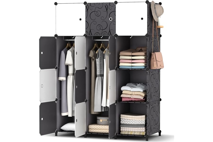 HOMIDEC Upgraded Portable Wardrobe 12 Cube Closet with 2 Clothes Hanging Rails, Deeper Cube Clothes Storage Organizer Shelf for Bedroom