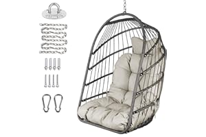 CHIHEE Silla huevo plegable de mimbre y ratán Silla colgante Silla de mimbre para interiores y exteriores Silla hamaca con kit de colgado de acero inoxidable Cojín resistente a los rayos UV Dormitorio Balcón