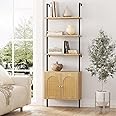 FiveWillowise Ladder Bookshelf with Cabinet, 6 Tier Wall Mount Ladder Bookcase with Rattan Cabinet, Tall Open Ladder Shelf with Metal Frame for Living Room, Bathroom, Home Office, Natural