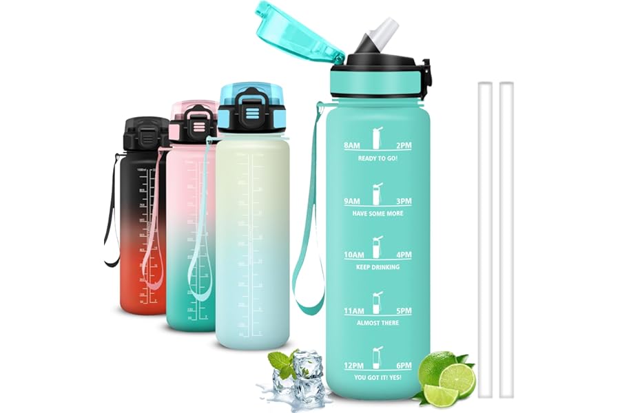 1 Litre Water Bottle with Straw Leakless Gym Water Bottles Easy Clean Graduated Water Bottles with Motivational Slogan for Fitness, Hiking, Sports, Camping, Running