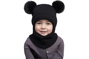 DRESHOW Gorro de Punto para Bebé Niño Niña Capucha Suave Invierno Sombreros y Bufandas con Doble Pompón para Pequeños Niños Niñas 1-6 Años