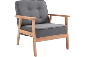 HOMCOM Armchair, Linen Accent Chair, Occasional Chair with Beech Wood Frame for Living Room, Reception, Bedroom, Balcony, Grey and Natural