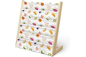wooshwa Bücherregal Kinder für Kinderzimmer Kinderregal Regal Kleines Bücherregal mit 5 Regale & 3 Tasche, Montessori Bücher-Organizer aus Kiefer und Polyester-Segeltuch Stoff (Obst Weiß)