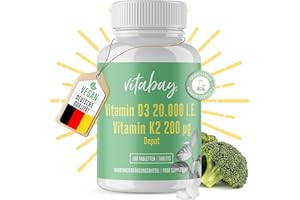 Vitabay Vitamin D3 K2 Hochdosiert 20000-180 VEGANE & LABORGEPRÜFTE Vitamin D Tabletten - D3 K2 Kapseln Hochdosiert - Vitamin 
