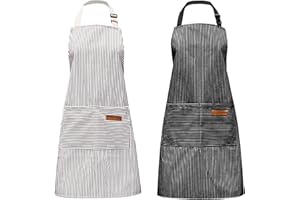 Pinsheng 2 Piezas Delantales de Algodón por Rejilla a Rayas, Delantal Cocina con Bolsillo por Cocinar Jardinería Pintura, Delantales Ajustables para Cocina Restaurante Jardín(Negro, Gris)