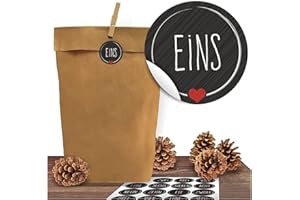 ADVENTINO ADVENTSKALENDER 24 Adventskalender Kraftpapiertüten mit 24 Zahlen-Aufklebern "Schick und Schwarz" zum Verschließen für den Adventskalender zum Basteln und Befüllen