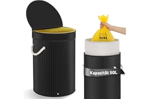 Biigdan Gelber Sack Ständer - 50L Bambus, Geruchsdicht & Robust Müllsackständer mit Zerlegt Deckel - Gelber Sack Mülleimer für 60L Säcke [inkl. waschbarer Innentasche] - Mülltrennsystem Küche,Schwarz