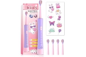 JTF Spazzolino Elettrico Bambini 3-12 Anni con 4 Testine, Timer, 5 Modalità di Pulizia, Timer Intelligente, Adesivi Personalizzabili - IPX7 Impermeabile Idea Regalo per Ragazze