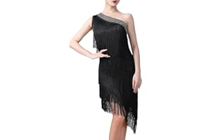 ODIZLI 20er Jahre Kleid Damen Gatsby Pailletten Fransenkleid One Shoulder Sexy Kurz Latein Salsa Tanzkleid