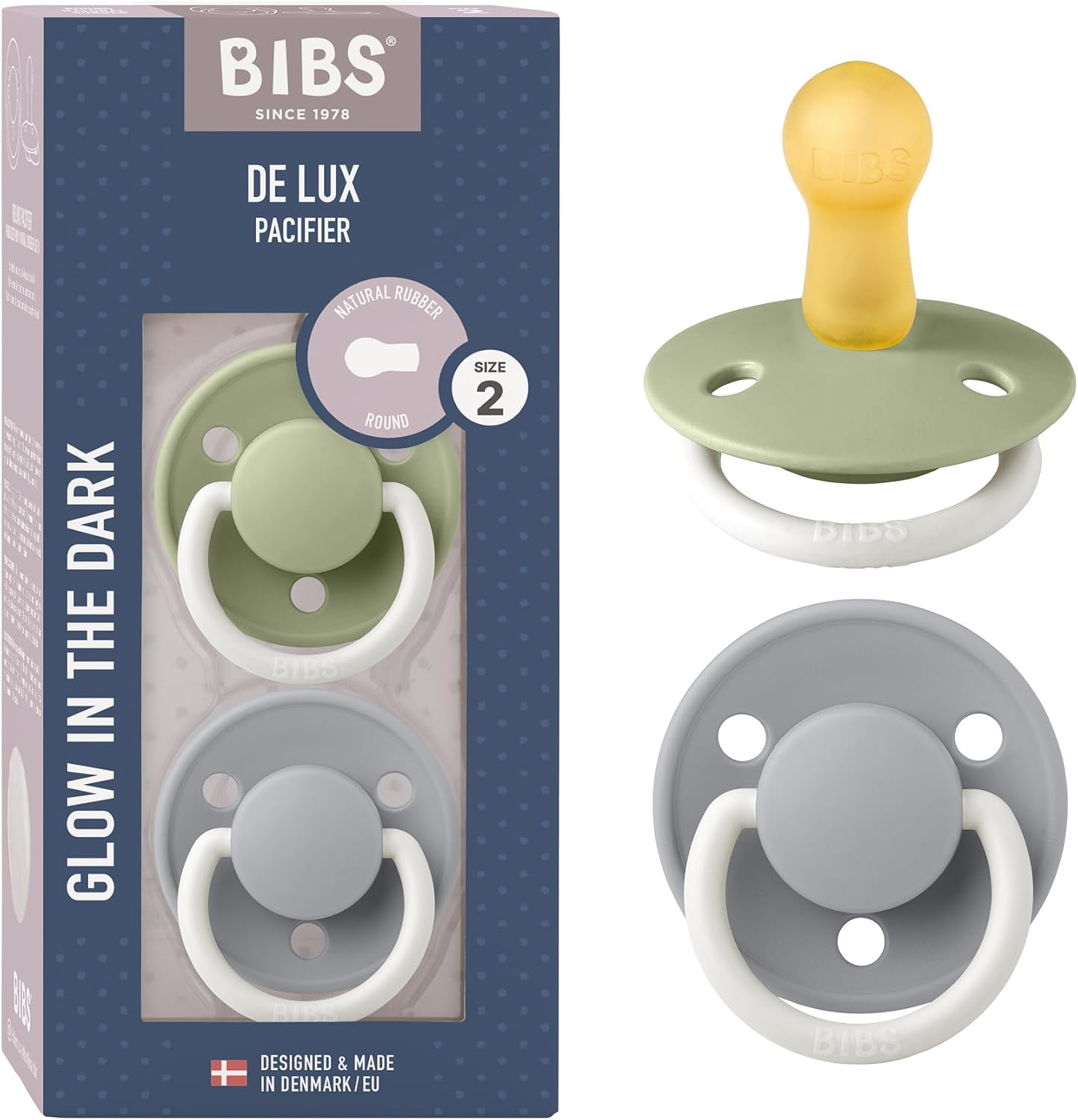 BIBS De Lux Dummies 2-Pack, BPA Free Dummy Pacifier, Round Nipple. Natural Rubber Latex, Size 2 (6-18 Months), Sage Night/Cloud Night