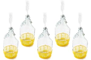 WYSKONT Bouteille bonbonne à col étroit avec couvercle pivotant, panier de protection, sas et bouchon pour la fabrication du vin, la fermentation, le stockage des boissons, verre transparent, 5 x 5 L
