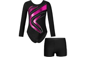 JanJean Kinder Mädchen Gymnastikanzug Glänzend Ballettanzug Langarm Turnanzug Ballett Trikot mit Kurze Hose Wettbewerb Tanzkostüm