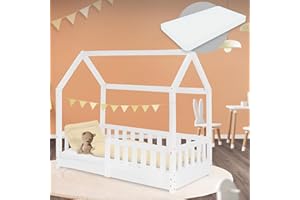 ‎ML DESIGN MODERN LIVING ML-Design Kinderbett 70x140 cm Weiß mit Matratze, Rausfallschutz, Dach und Lattenrost, Spielbett aus Kiefernholz, Hausbett für Mädchen und Jungen, Bettenhaus Bodenbett Jugendbett Kinderhaus Holzbett
