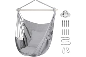 Goutime Schaukel Stuhl Große Hängematte Stuhl Weiche Baumwolle mit 2 Sitzkissen Kissen mit Tragetasche für Innen-/Außen-/Schlafzimmer Patio Garten Balkon, 150KG (Grau)